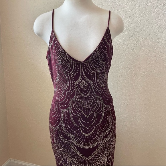 Red Burgundy and Gold Glitter Mermaid Dress Open Back - Picture 2 of 7